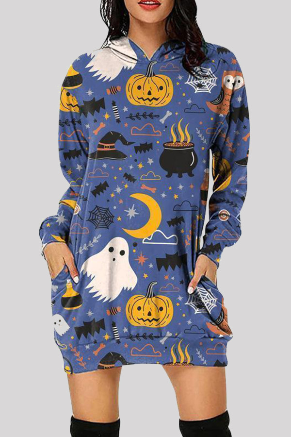 Blue Fashion Casual Print Basic Hooded Collar Long Sleeve Dresses