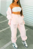 Pink Fashion Casual Print Cardigan Pants Hooded Collar Long Sleeve Two Pieces