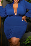 Blue Sexy Solid Patchwork Fold V Neck One Step Skirt Plus Size Dresses