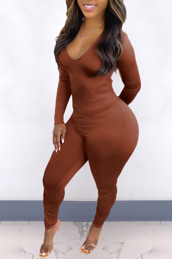 Brown Sexy Solid Backless V Neck Skinny Jumpsuits