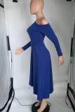 Deep Blue Casual Elegant Solid Patchwork Asymmetrical Oblique Collar A Line Dresses