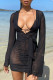 Black Sexy Solid Bandage See-through V Neck Long Sleeve Dresses