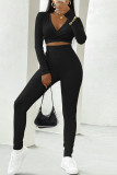 Coffee Casual Sportswear Solid Basic V Neck Long Sleeve Two Pieces