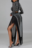 Blue Sexy Solid Tassel Patchwork See-through Asymmetrical Hot Drill Half A Turtleneck Long Sleeve Two Pieces