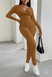 Coffee Casual Sportswear Solid Basic V Neck Long Sleeve Two Pieces