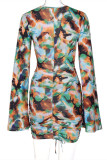 Colour Fashion Sexy Print Hollowed Out V Neck Long Sleeve Dresses