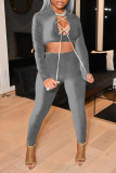 Grey Sexy Solid Split Joint Frenulum V Neck Long Sleeve Two Pieces