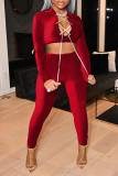 Rose Red Sexy Solid Split Joint Frenulum V Neck Long Sleeve Two Pieces