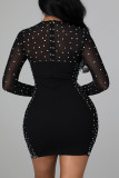 Black Sexy Solid Patchwork See-through Hot Drill O Neck One Step Skirt Dresses