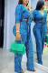 Blue Fashion Casual Print Bandage V Neck Long Sleeve Two Pieces