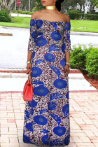 Blue Fashion Casual Plus Size Print Basic Off the Shoulder Long Dress