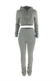 Light Blue Fashion Solid Fold Hooded Collar Long Sleeve Two Pieces