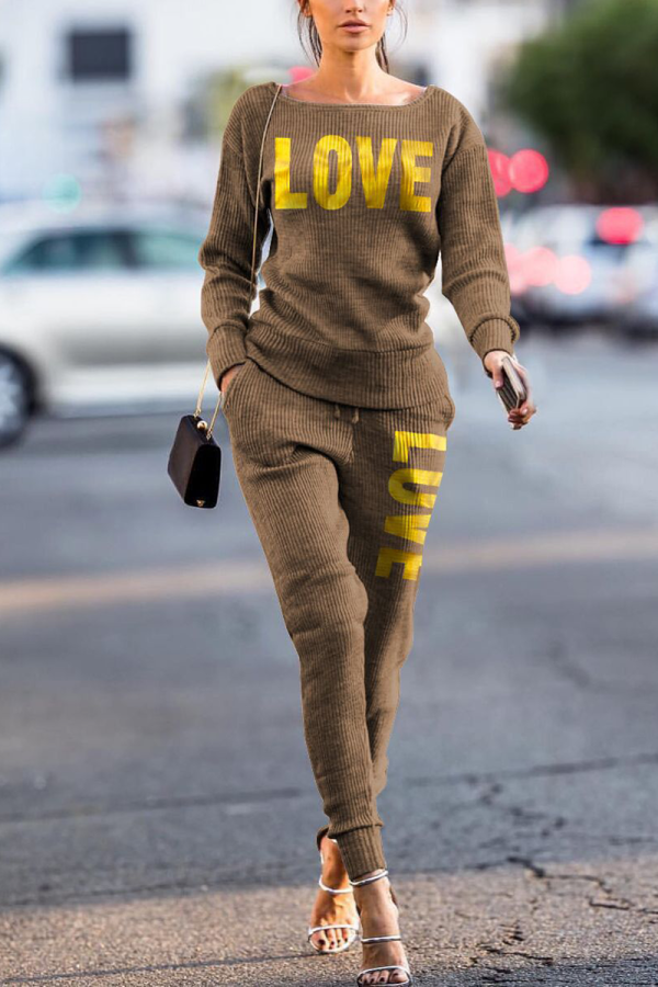 Khaki Casual Solid Patchwork O Neck Long Sleeve Two Pieces