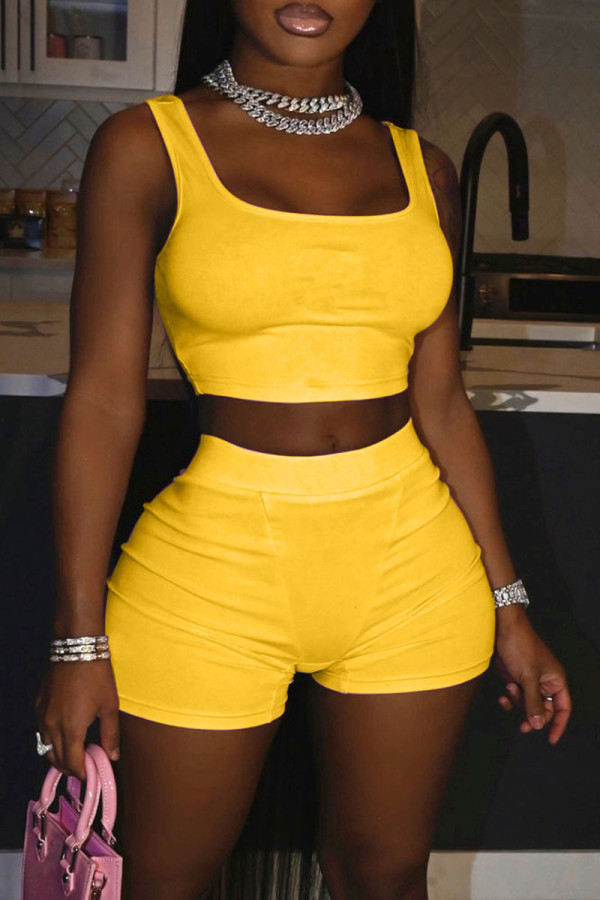 Yellow Solid Patchwork U Neck Sleeveless Two Pieces