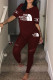 Burgundy Fashion Sportswear Print Patchwork O Neck Short Sleeve Two Pieces