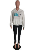 White Daily Print Patchwork Hooded Collar Long Sleeve Two Pieces