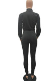 Black Casual Solid Split Joint Zipper Collar Long Sleeve Two Pieces(Without Belt)