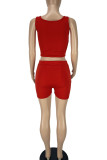 Red Solid Patchwork U Neck Sleeveless Two Pieces