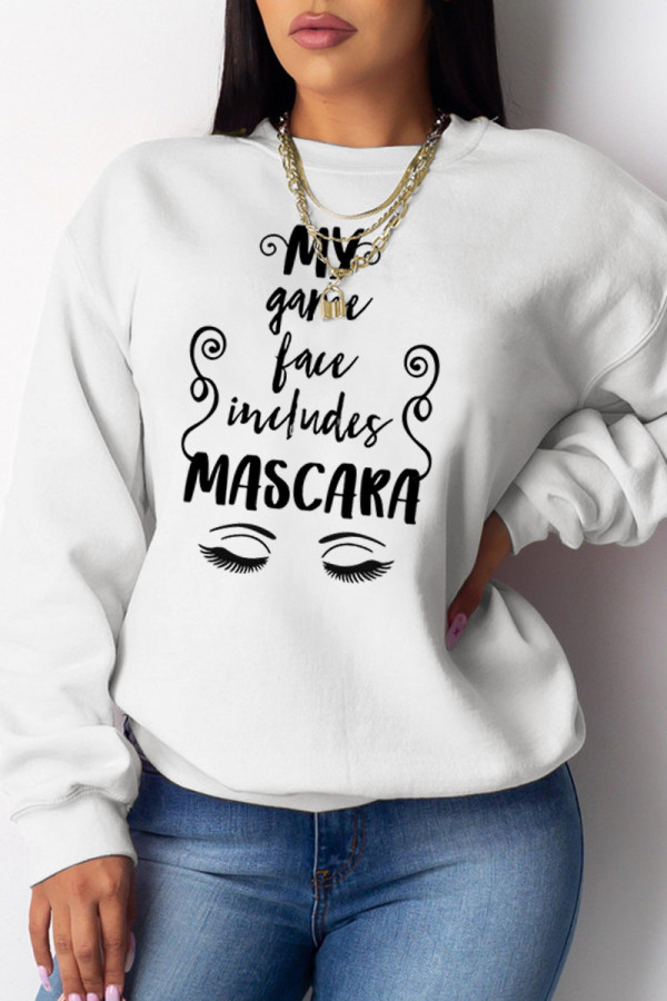 White Casual Sportswear Print Letter O Neck Tops