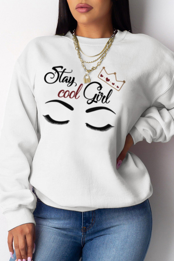 White Casual Street Print Patchwork O Neck Tops