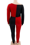 Red Black Casual Solid Split Joint Pocket Oblique Collar Plus Size Jumpsuits