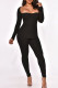 Black Sexy Solid Split Joint Slit Square Collar Long Sleeve Two Pieces