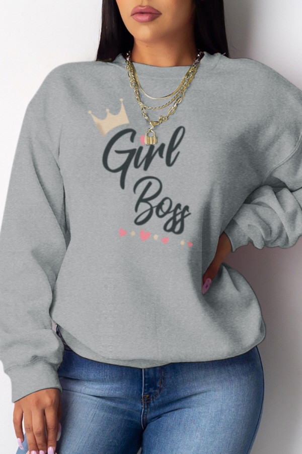 Grey Casual Street Print Letter O Neck Tops