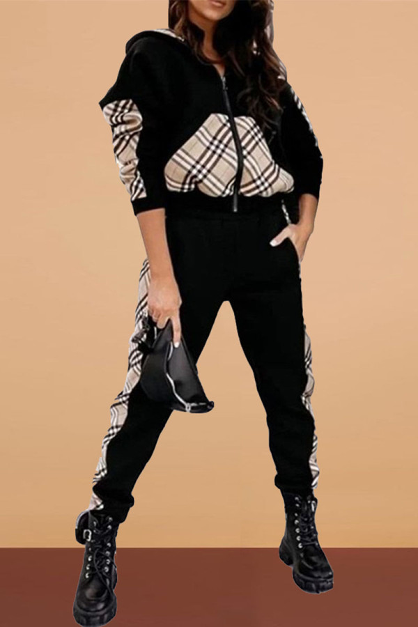 Black Casual Solid Patchwork Hooded Collar Long Sleeve Two Pieces