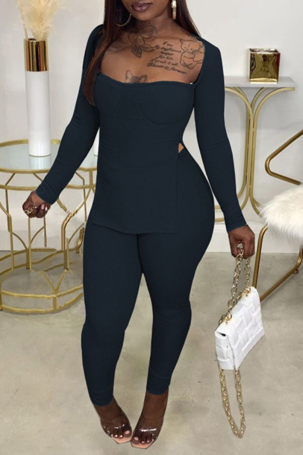 Black Casual Solid Patchwork Slit Square Collar Long Sleeve Two Pieces