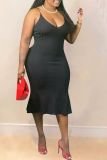 Black Sexy Solid Patchwork Spaghetti Strap Pencil Skirt Plus Size Dresses