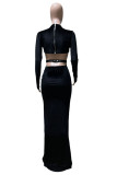 Black Sexy Solid Hollowed Out Patchwork Slit O Neck Straight Dresses