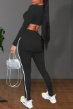 Coffee Casual Solid Patchwork U Neck Long Sleeve Two Pieces