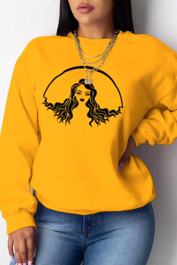 Yellow Casual Street Print Patchwork O Neck Tops