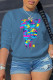 Blue Casual Street Print Patchwork Letter O Neck Tops