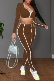 Coffee Casual Solid Patchwork U Neck Long Sleeve Two Pieces