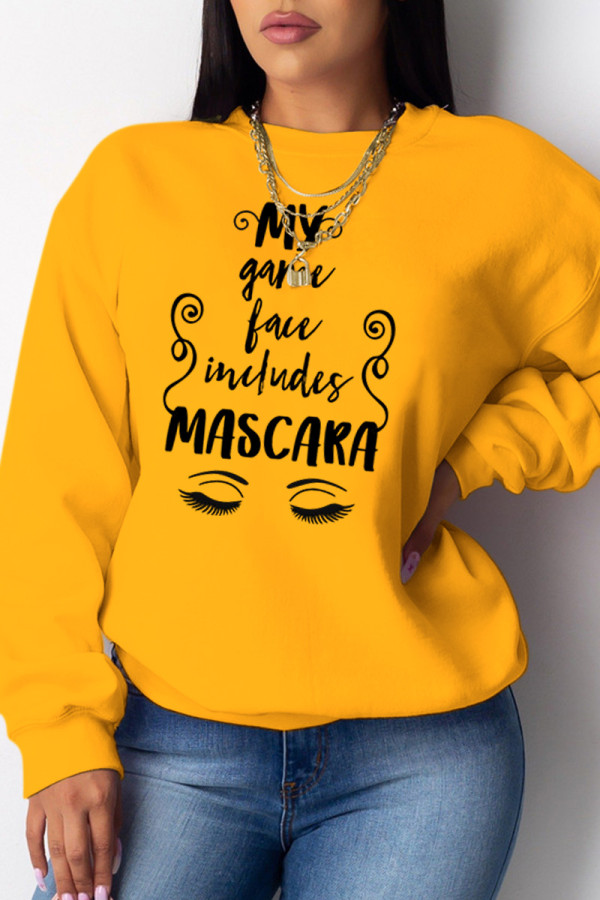 Yellow Casual Sportswear Print Letter O Neck Tops