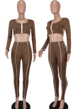Coffee Casual Solid Patchwork U Neck Long Sleeve Two Pieces