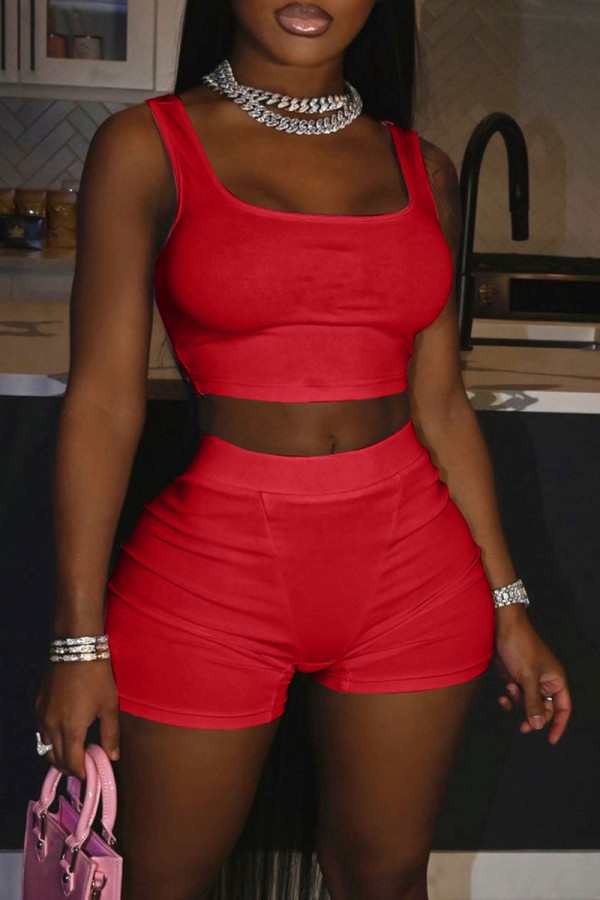 Red Solid Patchwork U Neck Sleeveless Two Pieces