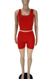 Red Solid Patchwork U Neck Sleeveless Two Pieces