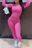 Rose Red Fashion Casual Letter Print Bandage O Neck Long Sleeve Two Pieces