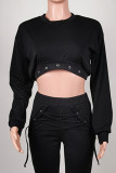 Black Casual Street Solid Patchwork Frenulum Asymmetrical O Neck Long Sleeve Two Pieces