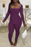 Purple Casual Solid Patchwork Slit Square Collar Long Sleeve Two Pieces