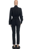 Black Casual Street Solid Patchwork Buttons Turndown Collar Straight Jumpsuits