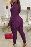 Purple Casual Solid Patchwork Slit Square Collar Long Sleeve Two Pieces