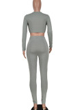 Coffee Casual Solid Patchwork U Neck Long Sleeve Two Pieces