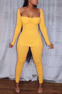 Yellow Sexy Solid Split Joint Slit Square Collar Long Sleeve Two Pieces