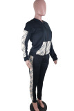 Black Casual Solid Patchwork Hooded Collar Long Sleeve Two Pieces