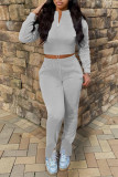 Grey Casual Solid Patchwork Zipper Collar Long Sleeve Two Pieces