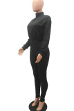 Black Casual Solid Split Joint Zipper Collar Long Sleeve Two Pieces(Without Belt)