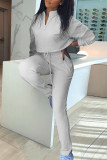 Grey Casual Solid Patchwork Zipper Collar Long Sleeve Two Pieces